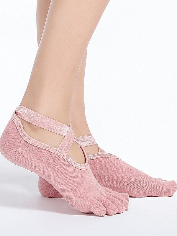 Stylish pink women's anti-slip sports socks with split toes, ideal for yoga and dance. SF0334, breathable and antibacterial design.